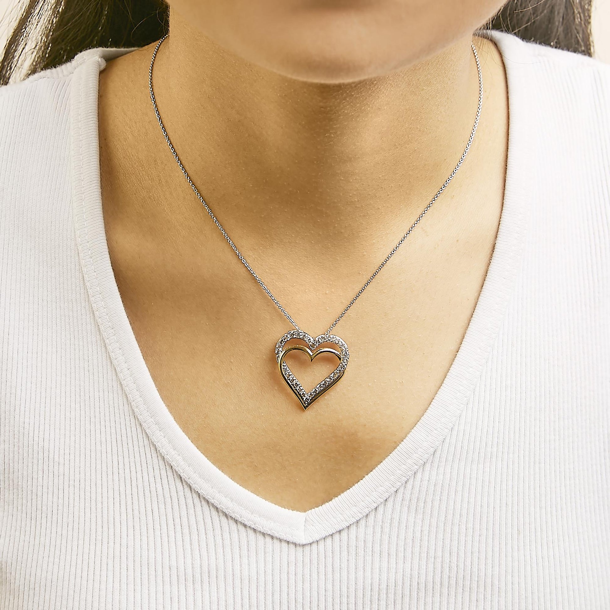 14K Yellow Gold Plated Sterling Silver 1.00 Cttw Diamond Double Heart Pendant Necklace