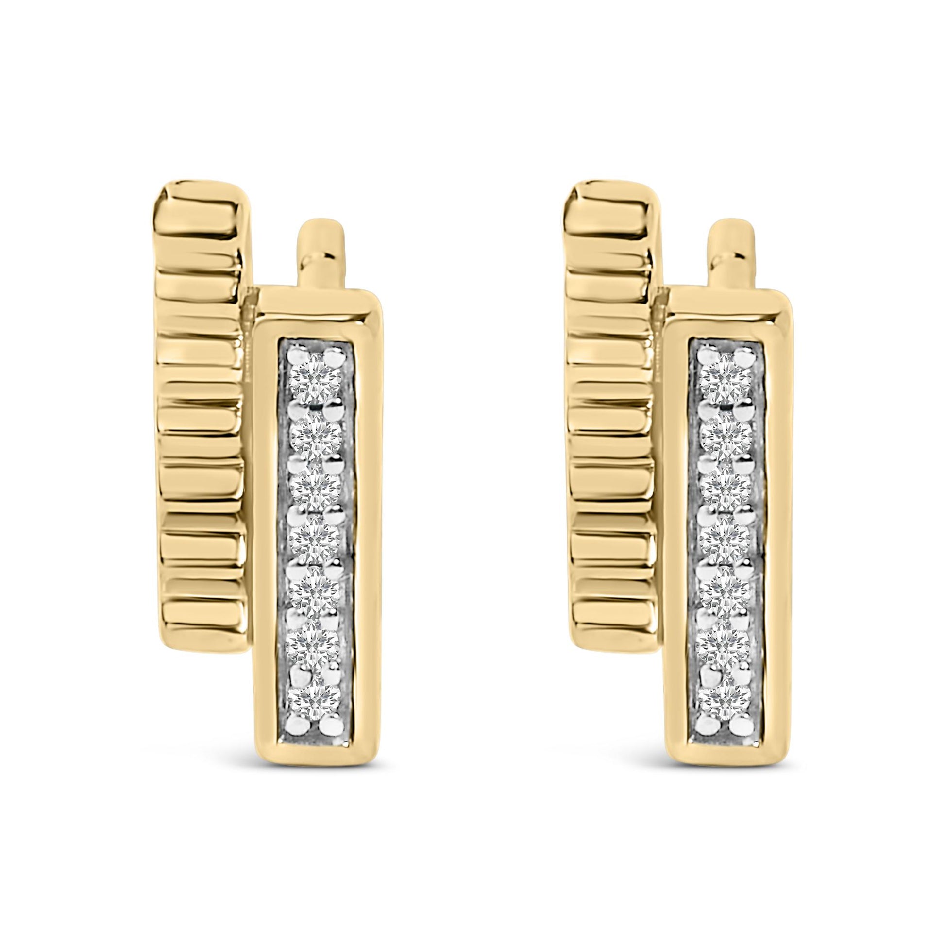 Pair of yellow metal earrings shown front-facing, each with a vertical rectangular bar inset with small round white gemstones in a pave setting and textured detailing on the side.
