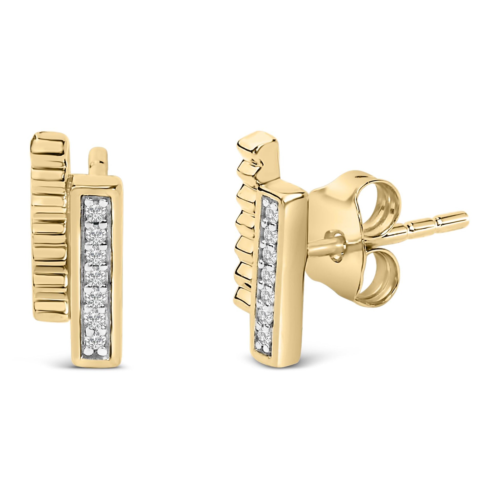 Pair of yellow metal earrings with a vertical bar design featuring a row of white gemstones in pave setting, shown from front and side angles on a white background.