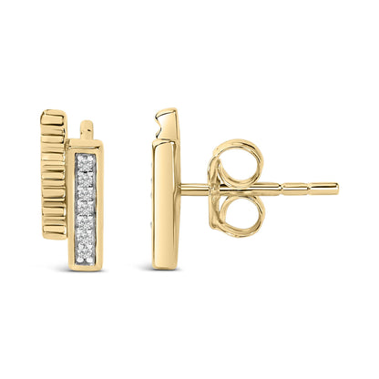 Close-up side and front view of a pair of yellow metal rectangular bar stud earrings with a row of round white gemstones in a pave setting along the front.