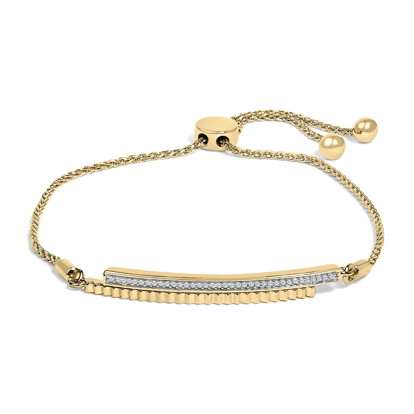 Close-up front view of a yellow bracelet with a thin bar featuring a row of small white gemstones in pave setting, shown on a white background.