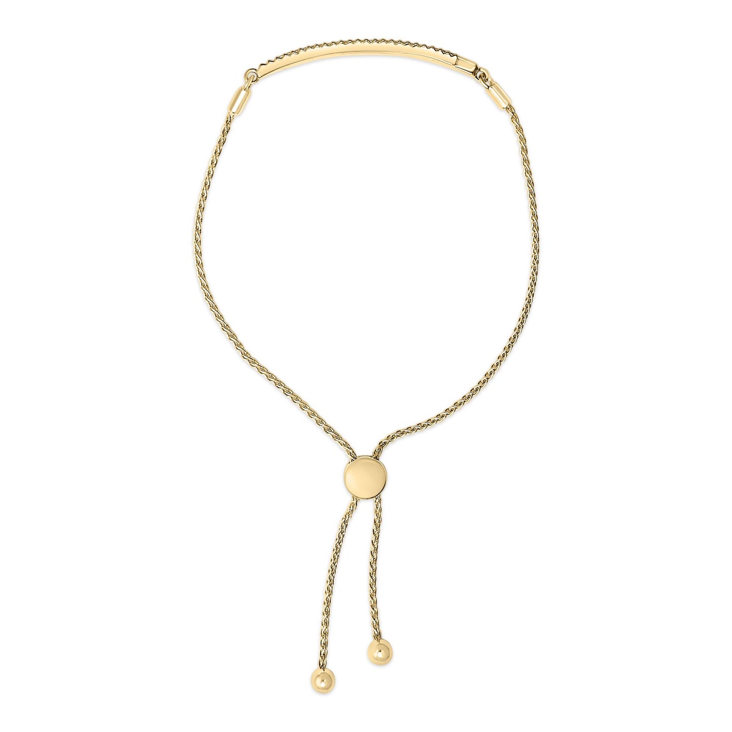 Yellow metal bracelet with a round sliding clasp and two dangling chain ends, shown flat against a white background from a top-down angle.