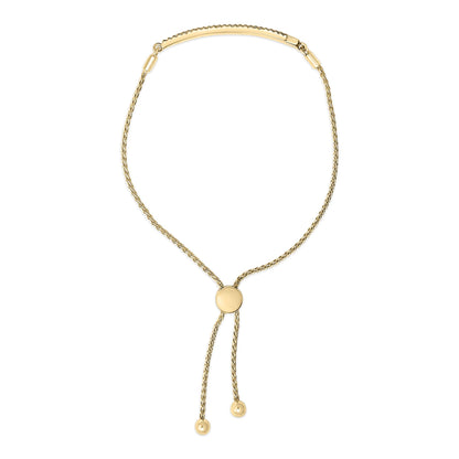 Yellow metal bracelet with a round sliding clasp and two dangling chain ends, shown flat against a white background from a top-down angle.