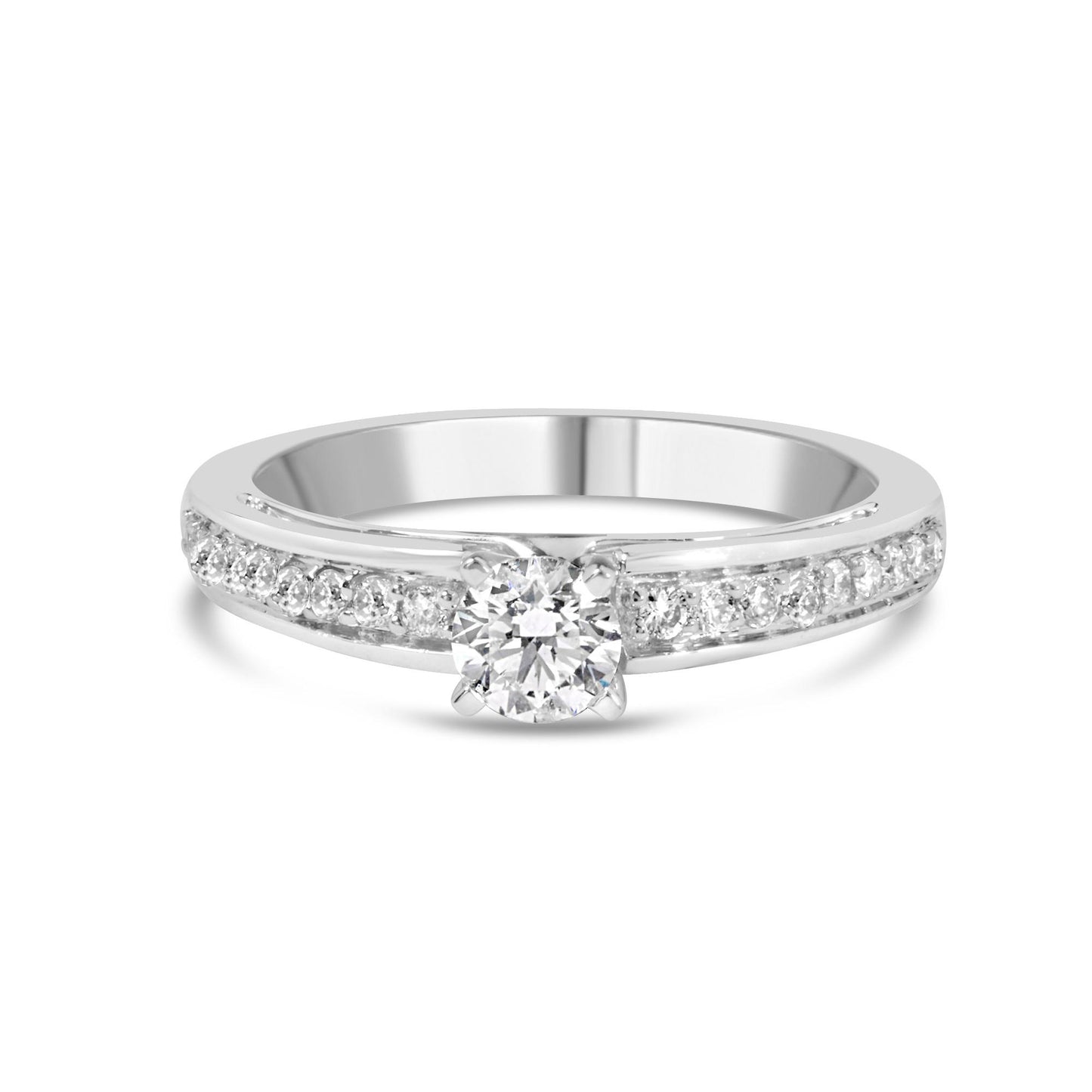 Front angle view of white metal ring with a single round white gemstone in 4-prong setting and additional round white gemstones in shared prong setting along the band.