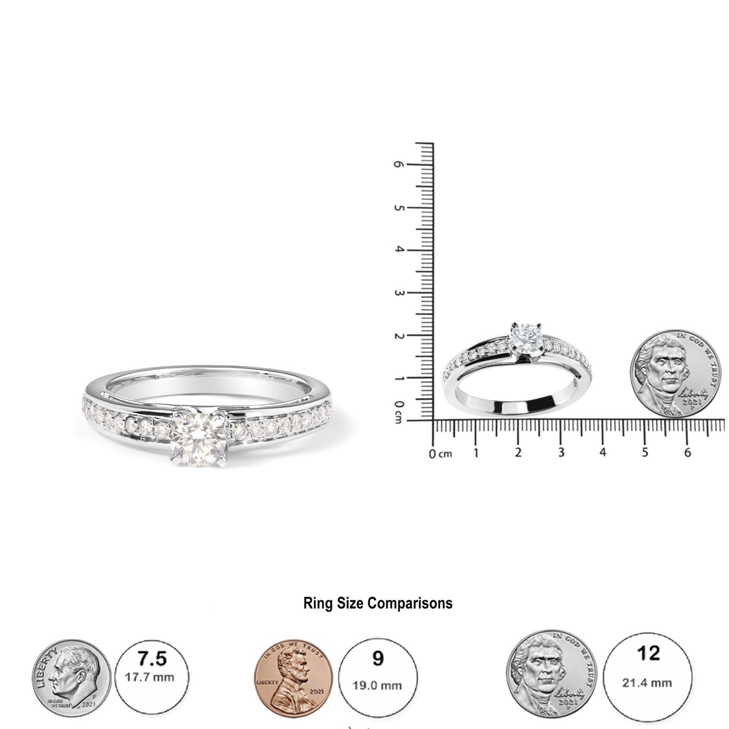 White metal ring with a central round white gemstone in a 4-prong setting and additional round white gemstones in a shared prong setting along the band, shown from a front angle and also placed on a ruler for size reference.