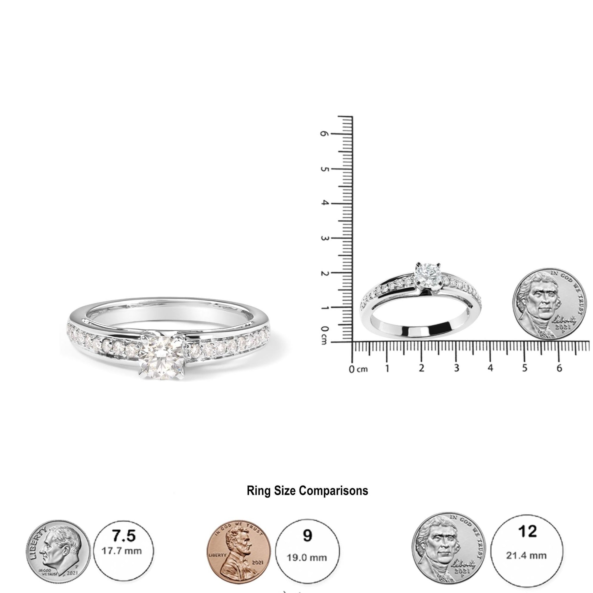White metal ring with a central round white gemstone in a 4-prong setting and additional round white gemstones in a shared prong setting along the band, shown from a front angle and also placed on a ruler for size reference.