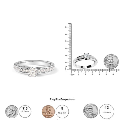White metal ring with a central round white gemstone in a 4-prong setting and additional round white gemstones in a shared prong setting along the band, shown from a front angle and also placed on a ruler for size reference.