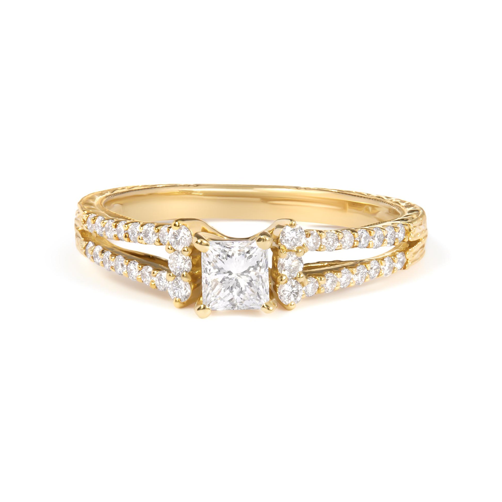 Yellow metal ring with a princess-shaped white gemstone center in a 4-prong setting, flanked by round white gemstones in shared prong settings along the split band, shown in a front-facing angle.
