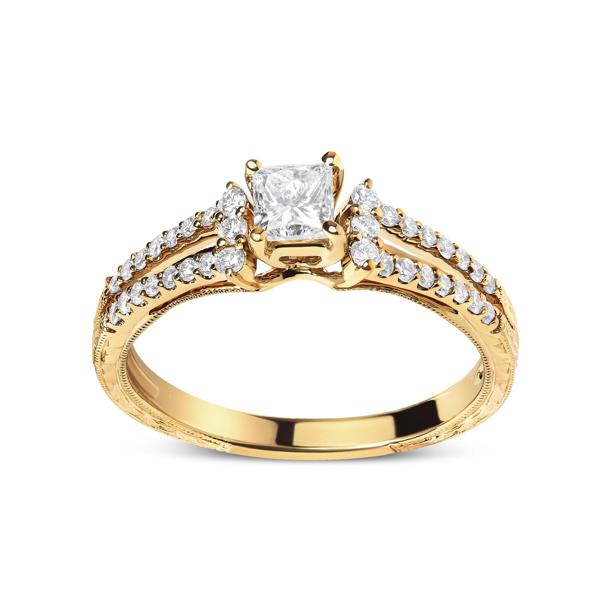 Front angled view of a yellow ring featuring a princess-shaped white gemstone in a four-prong setting at the center, flanked by two rows of round white gemstones in shared prong settings along the band.