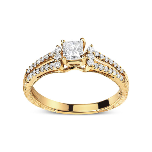 Front angled view of a yellow ring featuring a princess-shaped white gemstone in a four-prong setting at the center, flanked by two rows of round white gemstones in shared prong settings along the band.