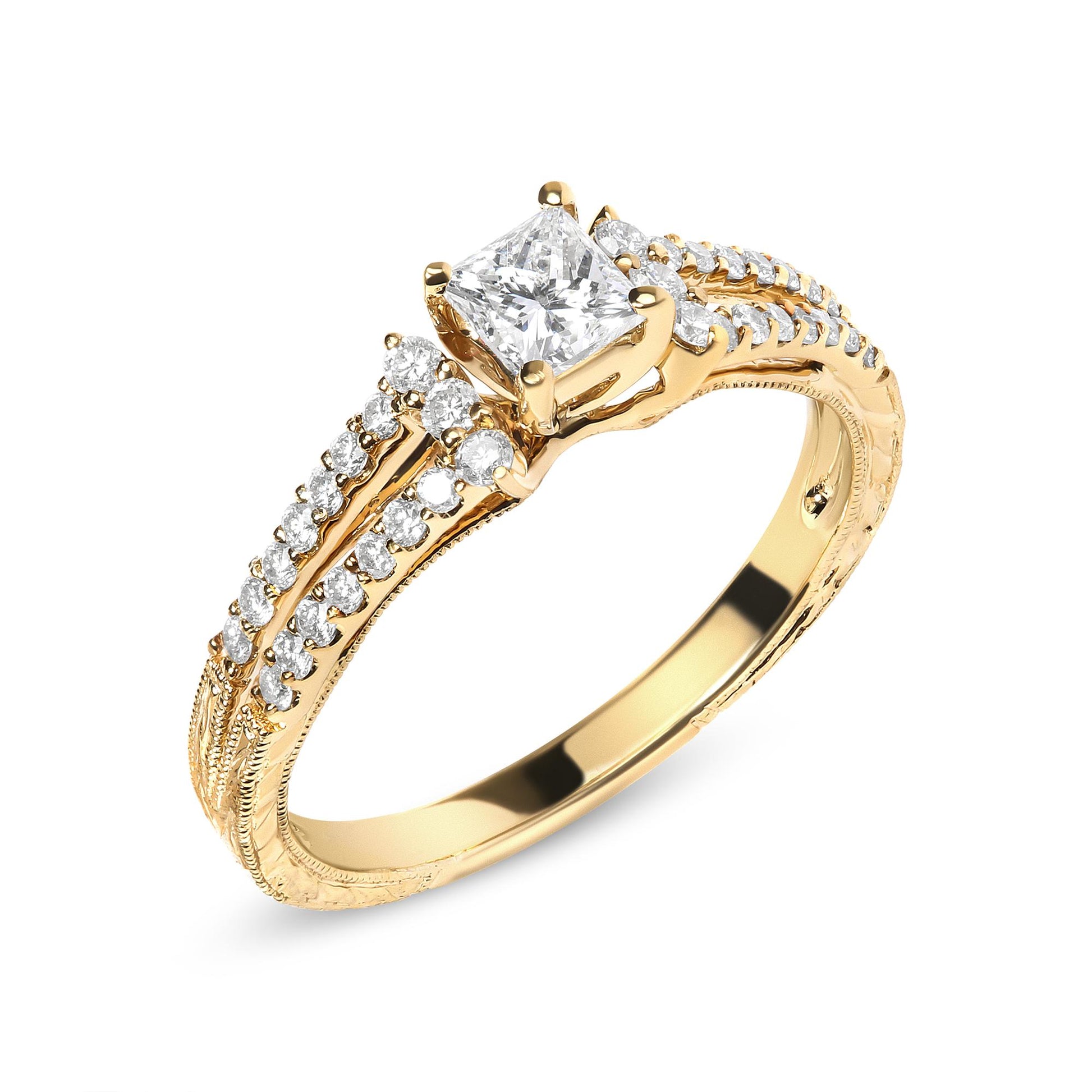 Yellow metal ring with a princess-shaped white gemstone in a four-prong setting, flanked by multiple round white gemstones in shared prong settings along the band, shown at an angled side view.