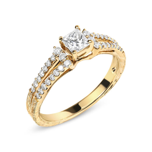 Yellow metal ring with a princess-shaped white gemstone in a four-prong setting, flanked by multiple round white gemstones in shared prong settings along the band, shown at an angled side view.