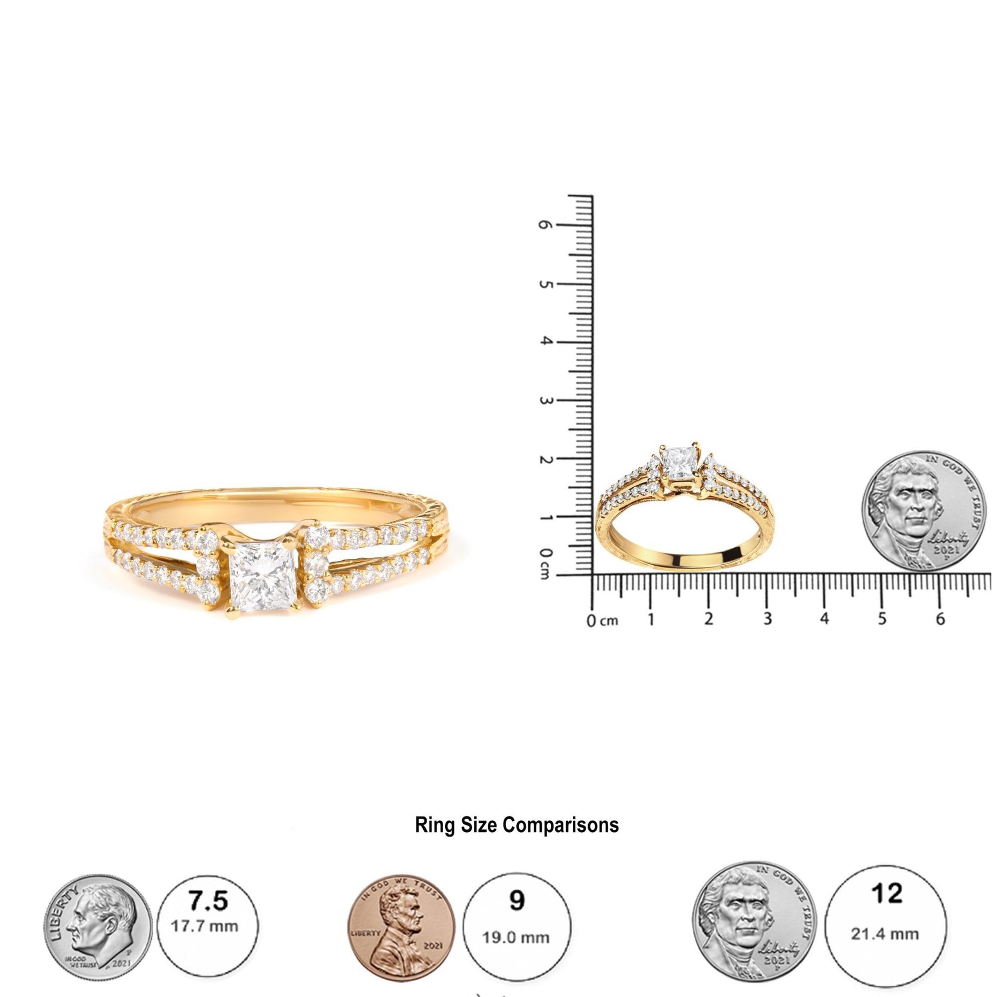 Yellow ring with a princess-shaped white gemstone in a 4-prong setting, flanked by round white gemstones in shared prong settings along the band, shown from a front angle and placed on a ruler for size reference.