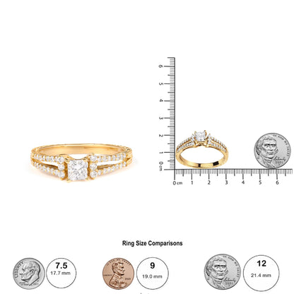 Yellow ring with a princess-shaped white gemstone in a 4-prong setting, flanked by round white gemstones in shared prong settings along the band, shown from a front angle and placed on a ruler for size reference.