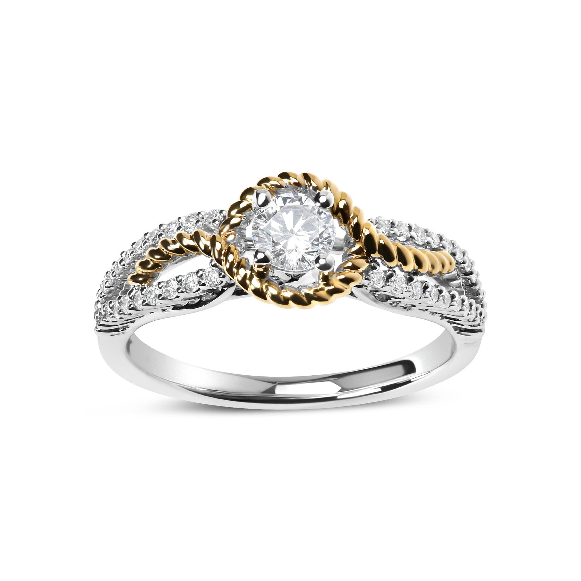 Front angle view of a ring with a central round white gemstone in a four-prong setting surrounded by a twisted yellow metal band, with additional round white gemstones in shared prong settings along the white metal band.