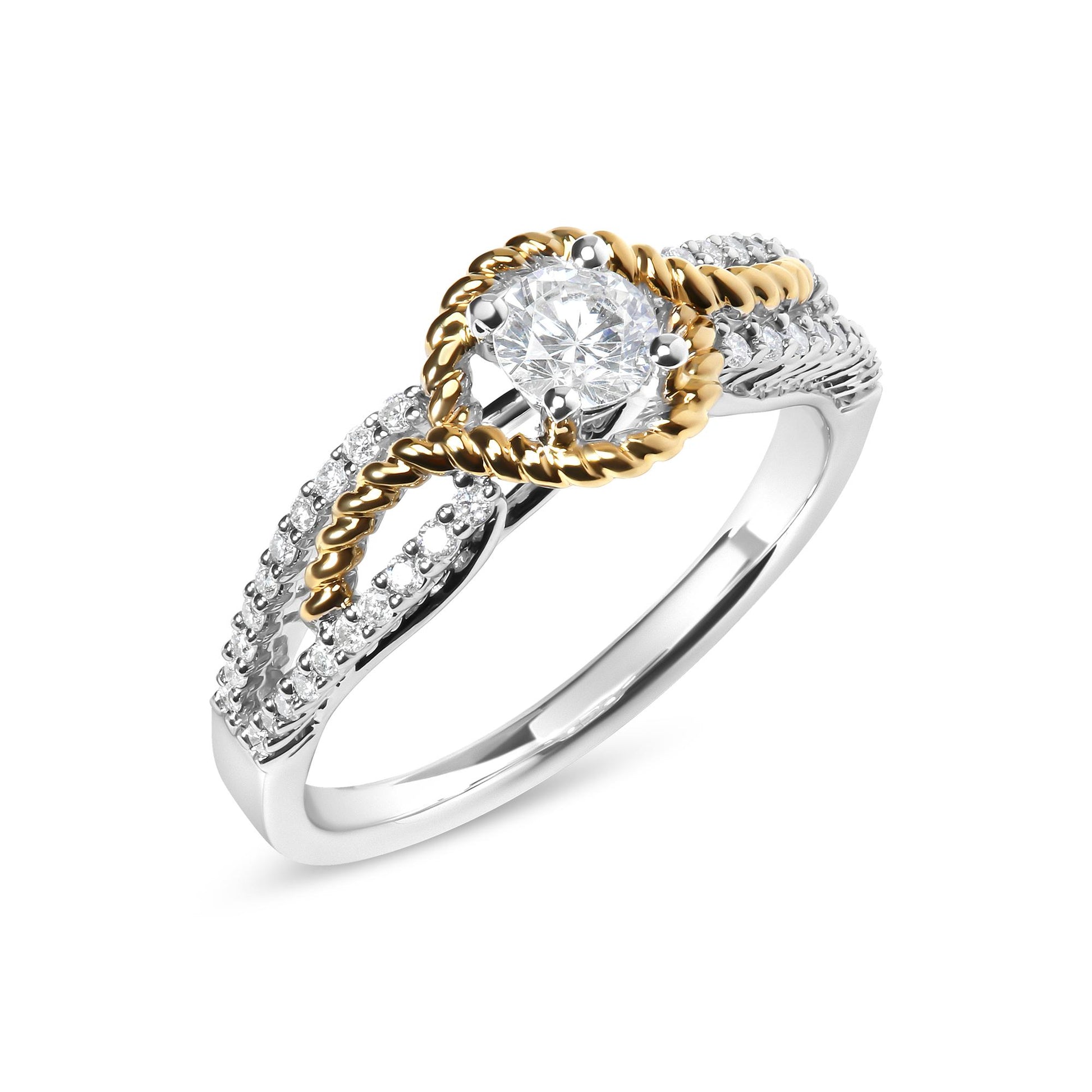 Angled close-up of a two-tone ring featuring a central round white gemstone in a four-prong setting, surrounded by a twisted yellow metal design, with a white metal band adorned with multiple small round white gemstones in shared prong settings.