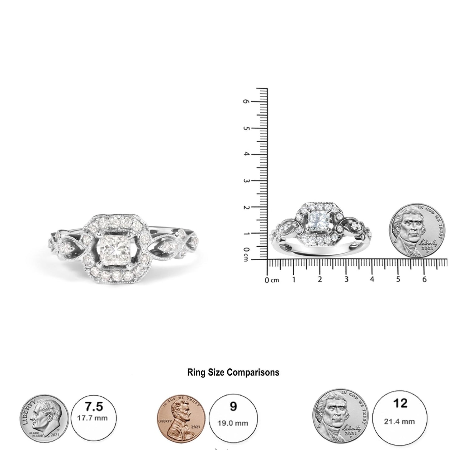 Front view of a white metal ring with a centered princess-shaped white gemstone in a 4-prong setting, surrounded by round white gemstones in a shared prong setting, displayed next to a ruler and coins for size reference.