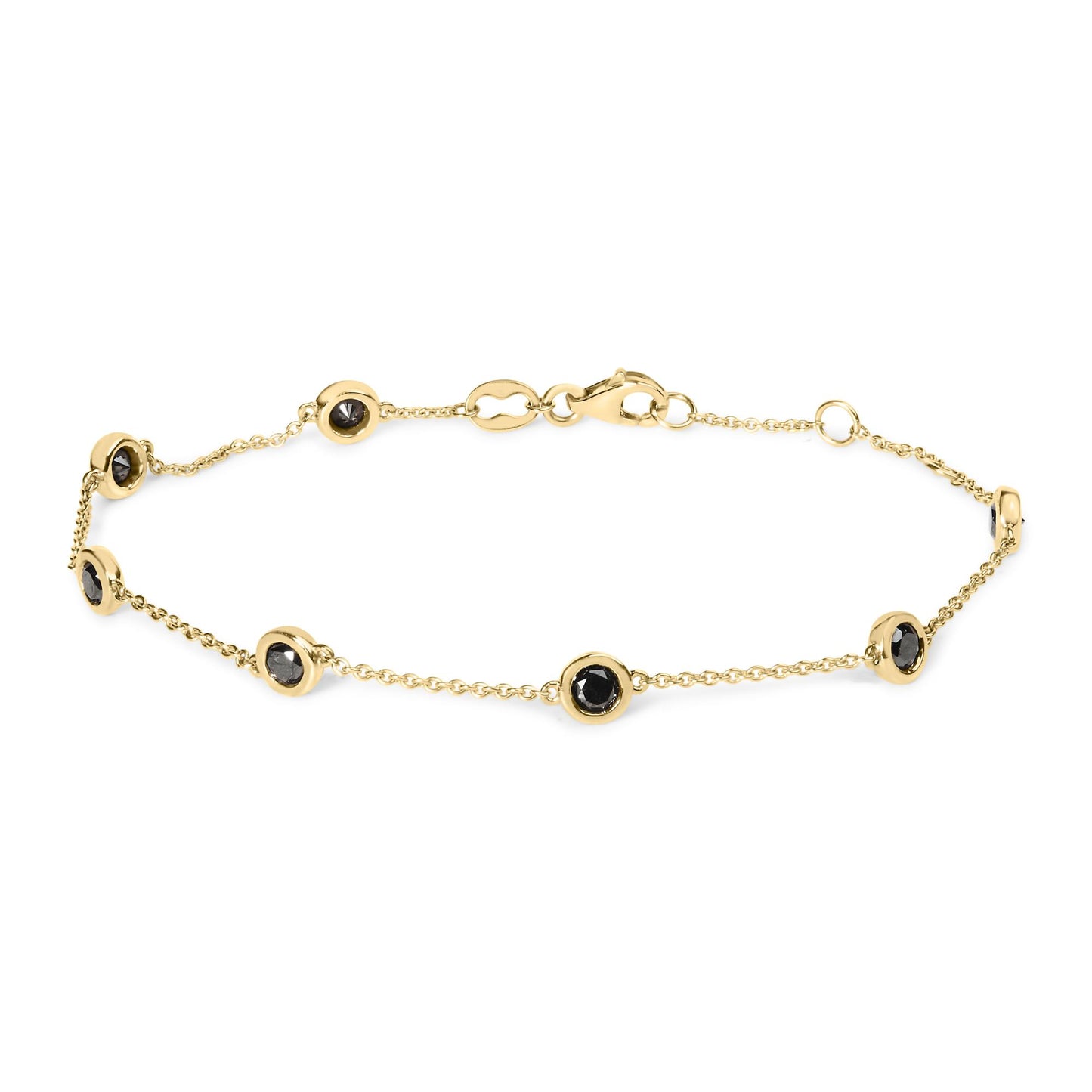 Rose metal bracelet with round black gemstones in bezel settings, shown in a top-down flat lay angle.