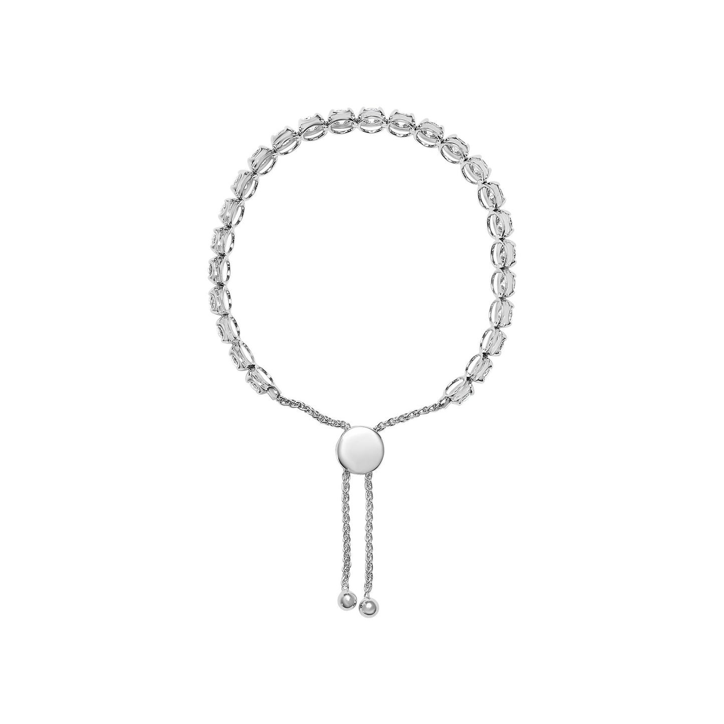 White metal bracelet with round white gemstones in 4-prong settings, viewed from the front with adjustable sliding closure and dangling chain ends.