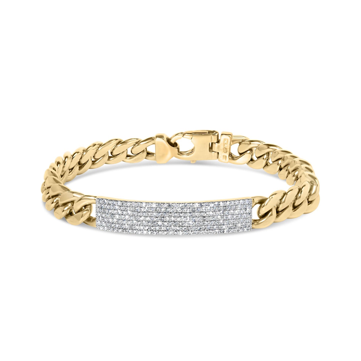 Yellow metal bracelet with a wide center panel set with multiple rows of small white gemstones, shown from the front angle on a white background.