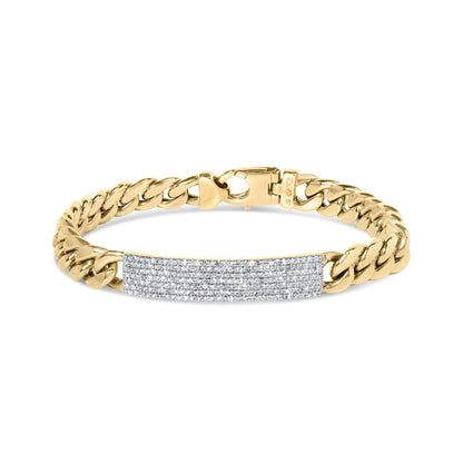 Yellow metal bracelet with a wide center panel set with multiple rows of small white gemstones, shown from the front angle on a white background.