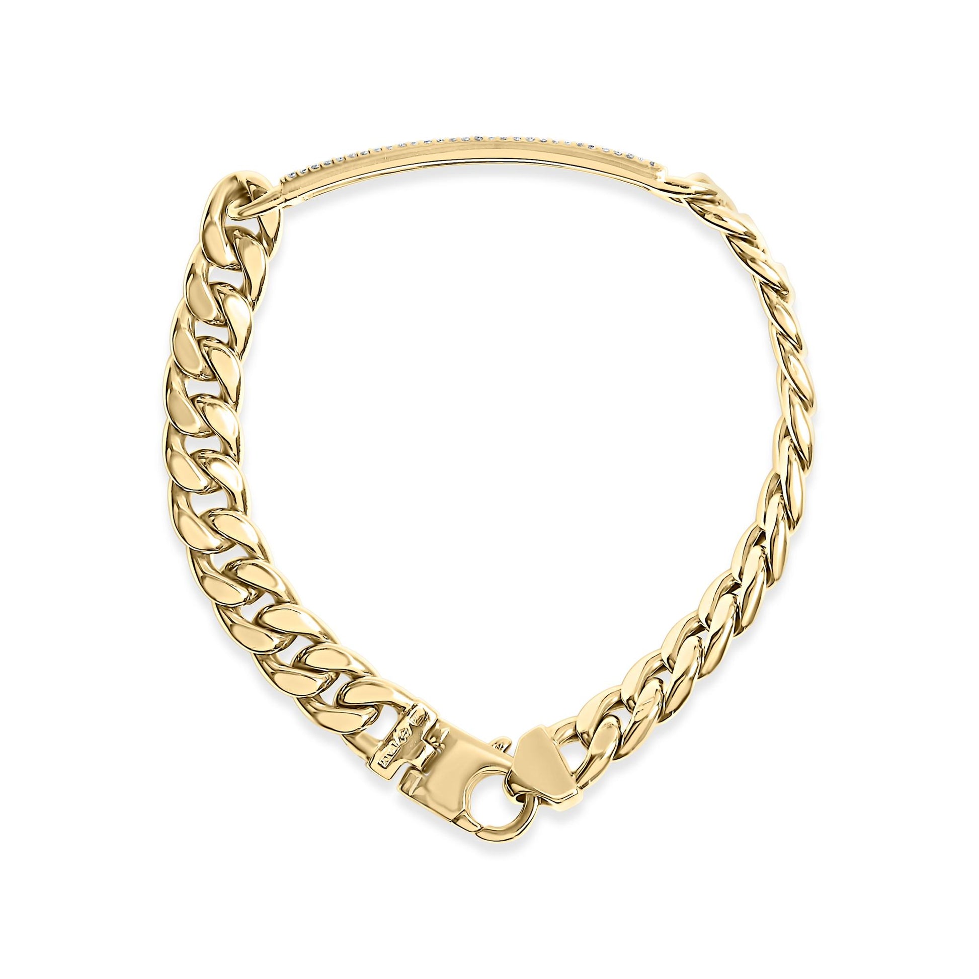 Yellow metal bracelet with a chain-link design and a row of small white gemstones on a curved bar, shown from a top angle on a white background.