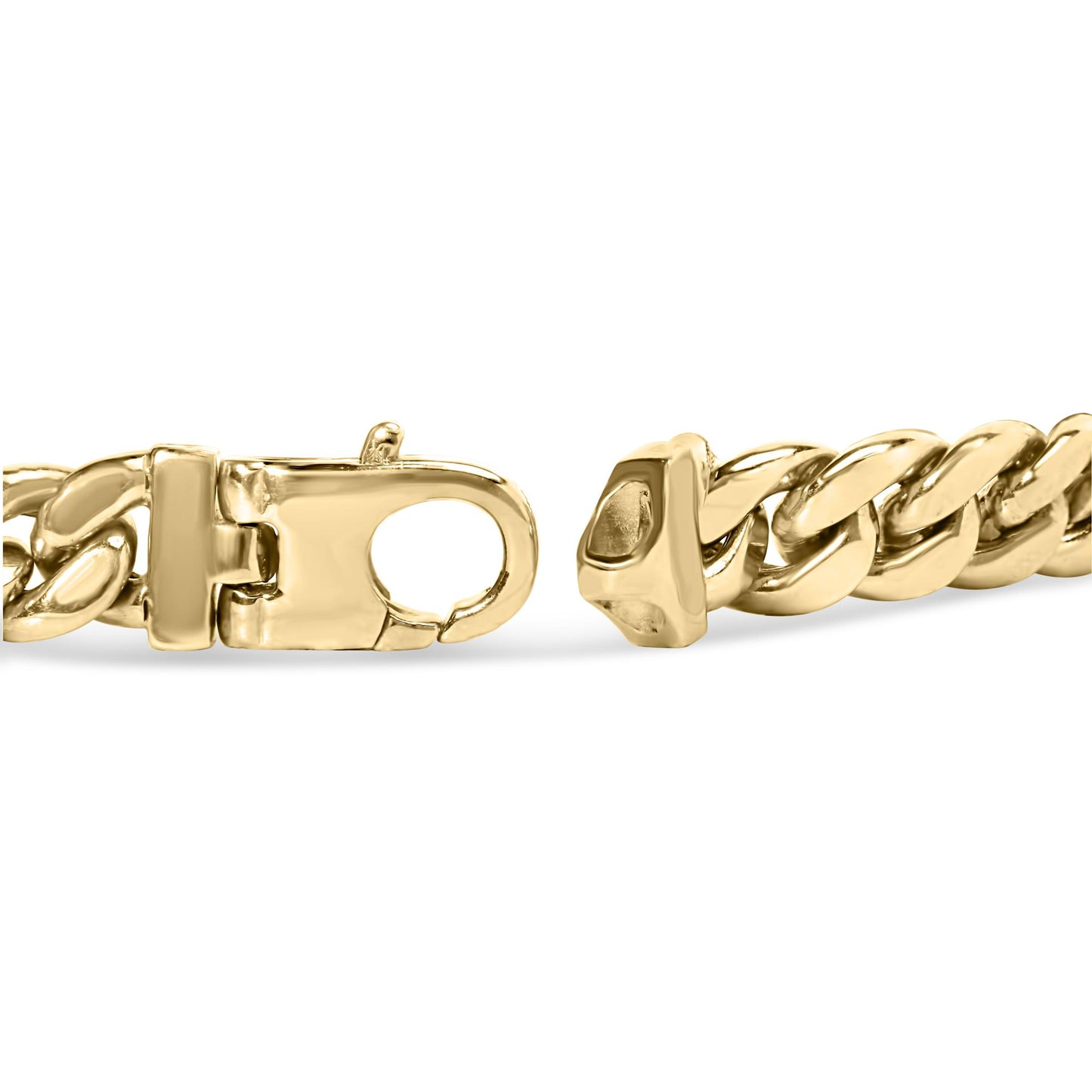 Close-up front angle of a yellow metal bracelet clasp with chain links.