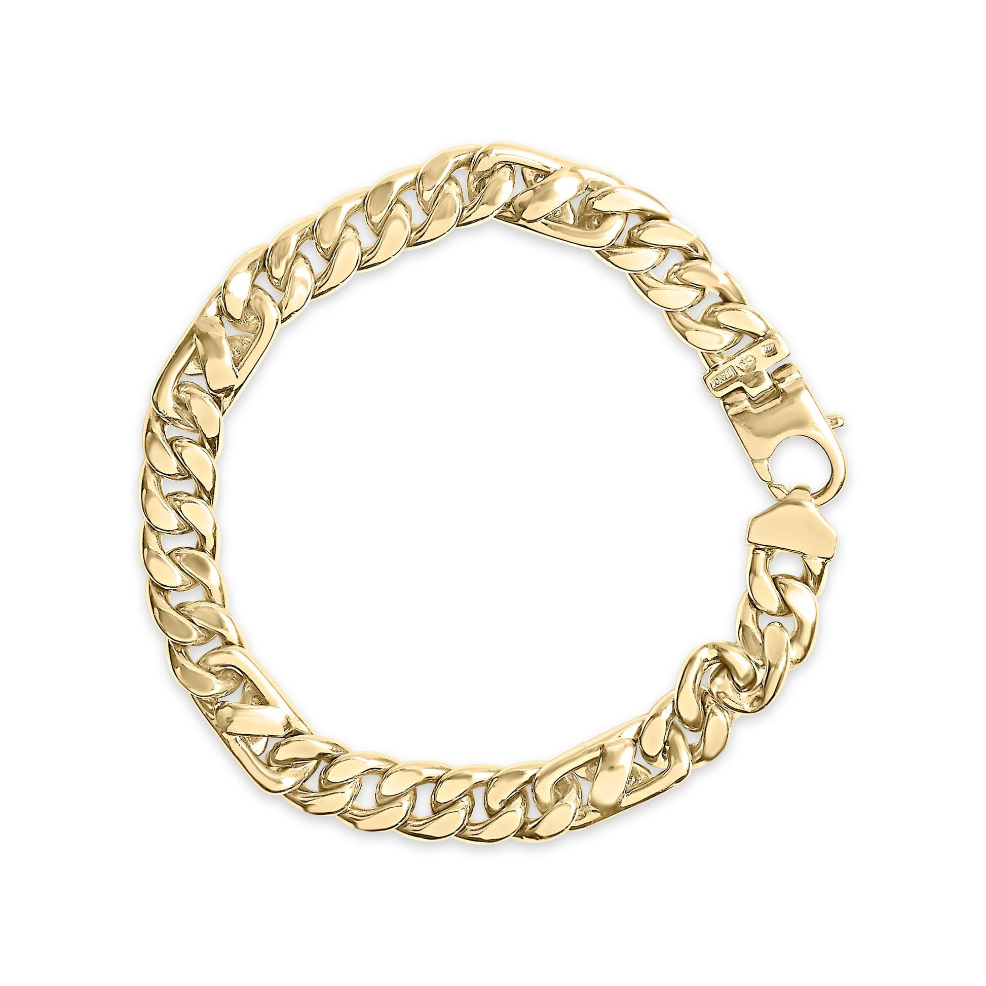 Top-down view of a yellow metal bracelet with thick interlocking links and a clasp.