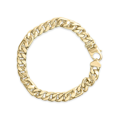 Top-down view of a yellow metal bracelet with thick interlocking links and a clasp.