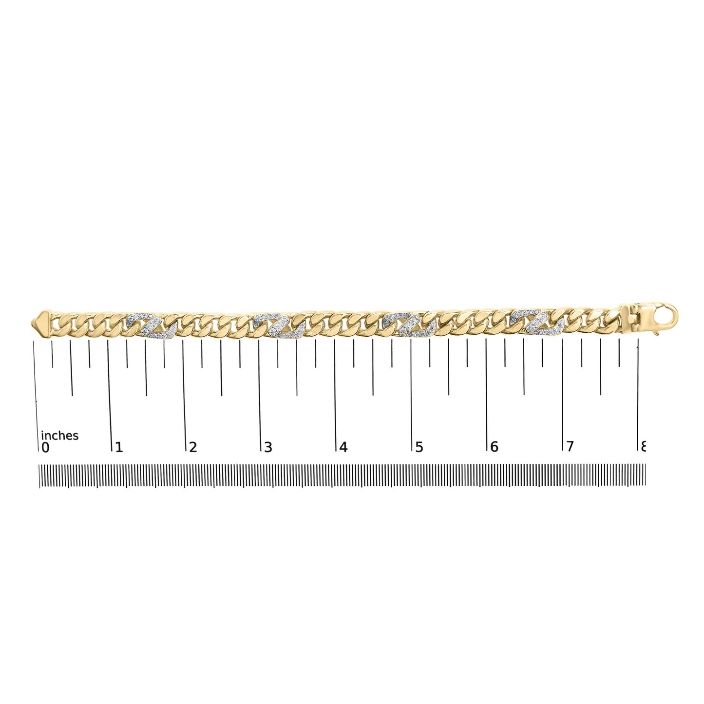 Yellow metal bracelet with alternating links, some encrusted with white round gemstones in shared prong settings, displayed flat on a ruler for size reference.