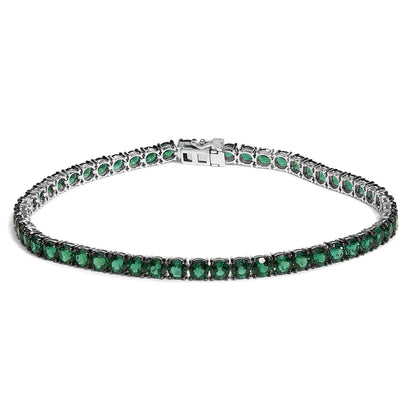 White bracelet with round green gemstones in a 4-prong setting, shown from a front angle on a white background.