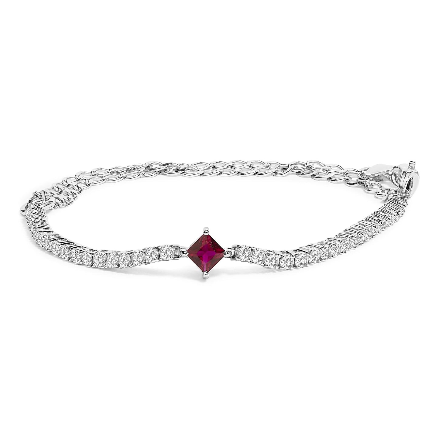 White metal bracelet with round white gemstones and one red princess-shaped gemstone in the center, shown in a close-up angled front view.