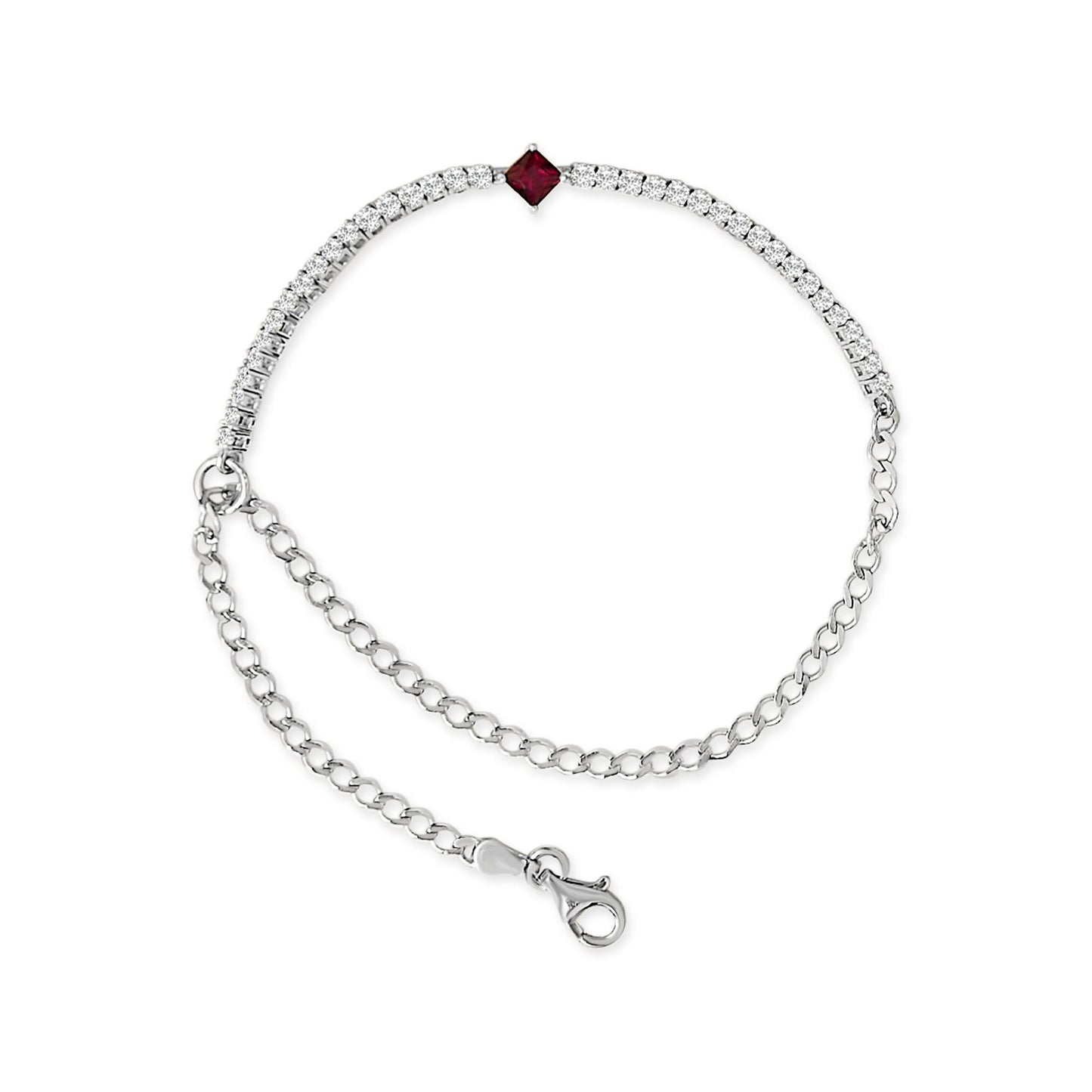 Top-down view of a white bracelet with a chain and clasp, featuring round white gemstones in 4-prong settings along part of the band and a single red princess-shaped gemstone in a 4-prong setting at the center.