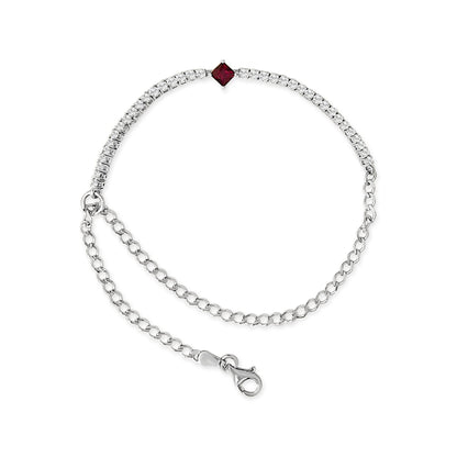 Top-down view of a white bracelet with a chain and clasp, featuring round white gemstones in 4-prong settings along part of the band and a single red princess-shaped gemstone in a 4-prong setting at the center.