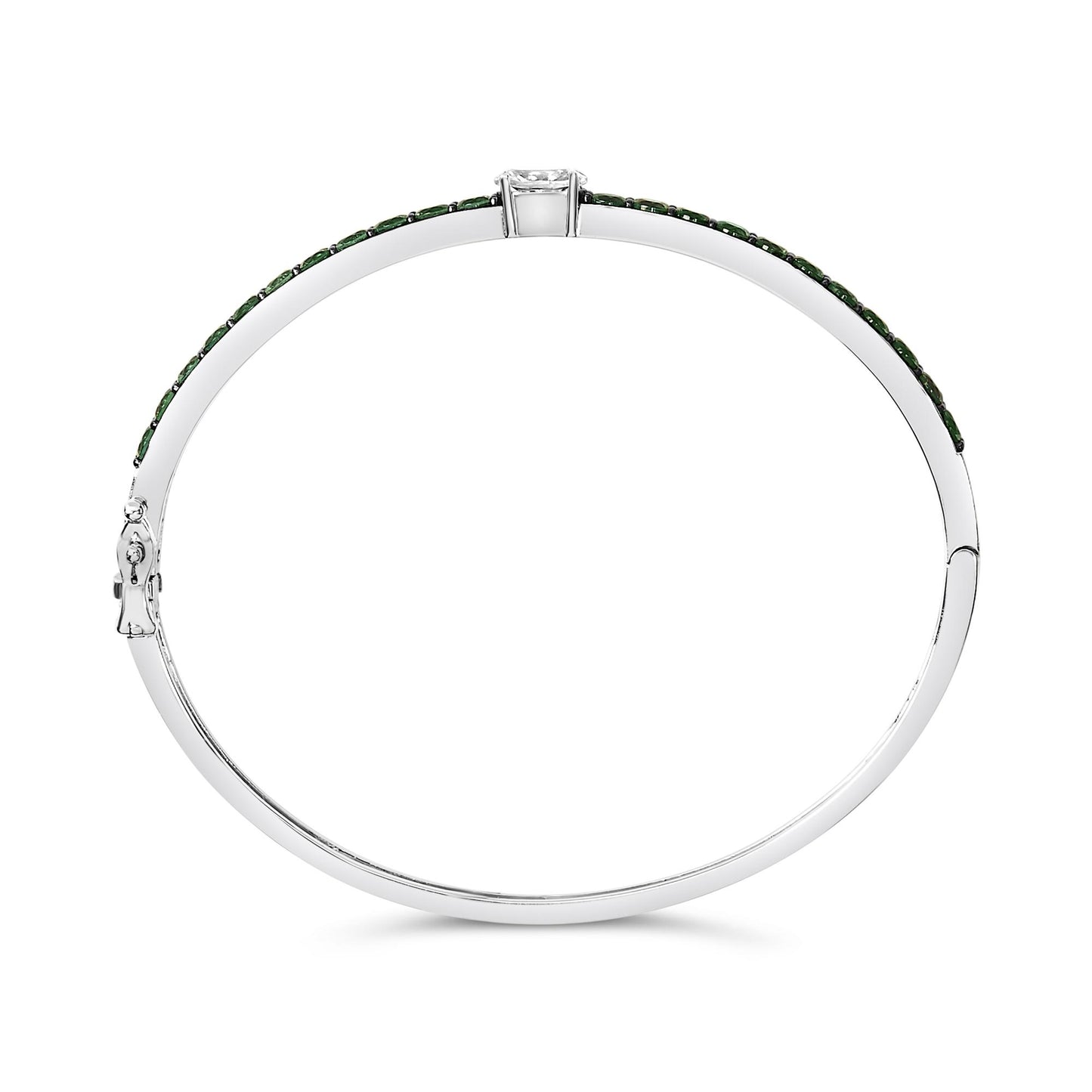 White metal bracelet shown from the top angle on a white background, featuring a single oval white gemstone set in four prongs centered and multiple round green gemstones in shared prong settings along the upper curve.