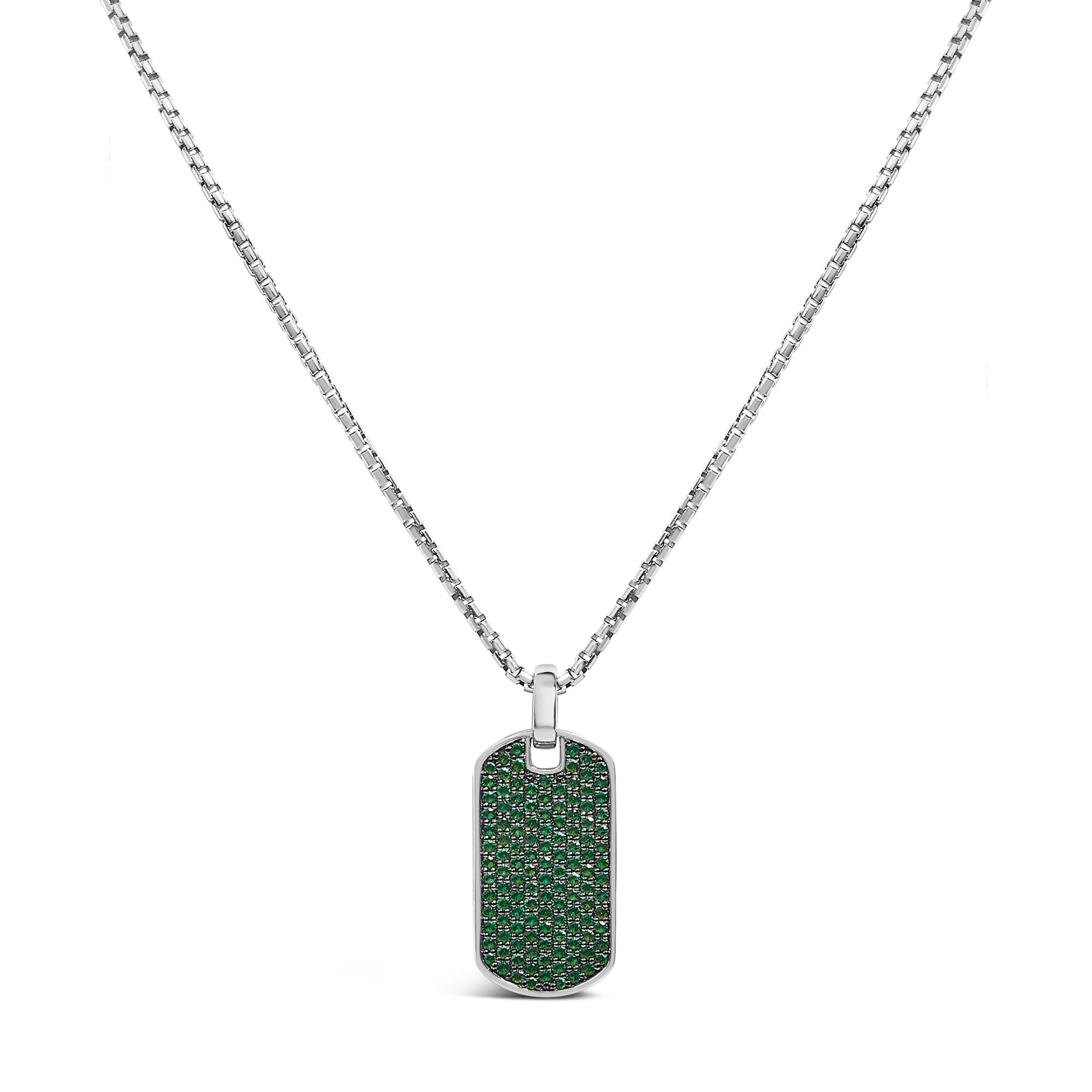 Men's .925 Sterling Silver Created Green Emerald Dog Tag Pendant
