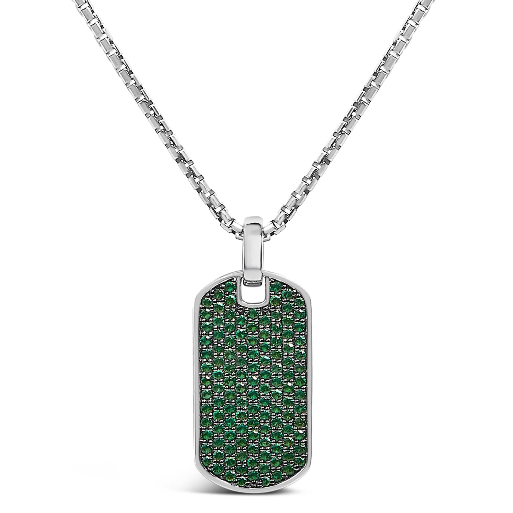 Men's .925 Sterling Silver Created Green Emerald Dog Tag Pendant