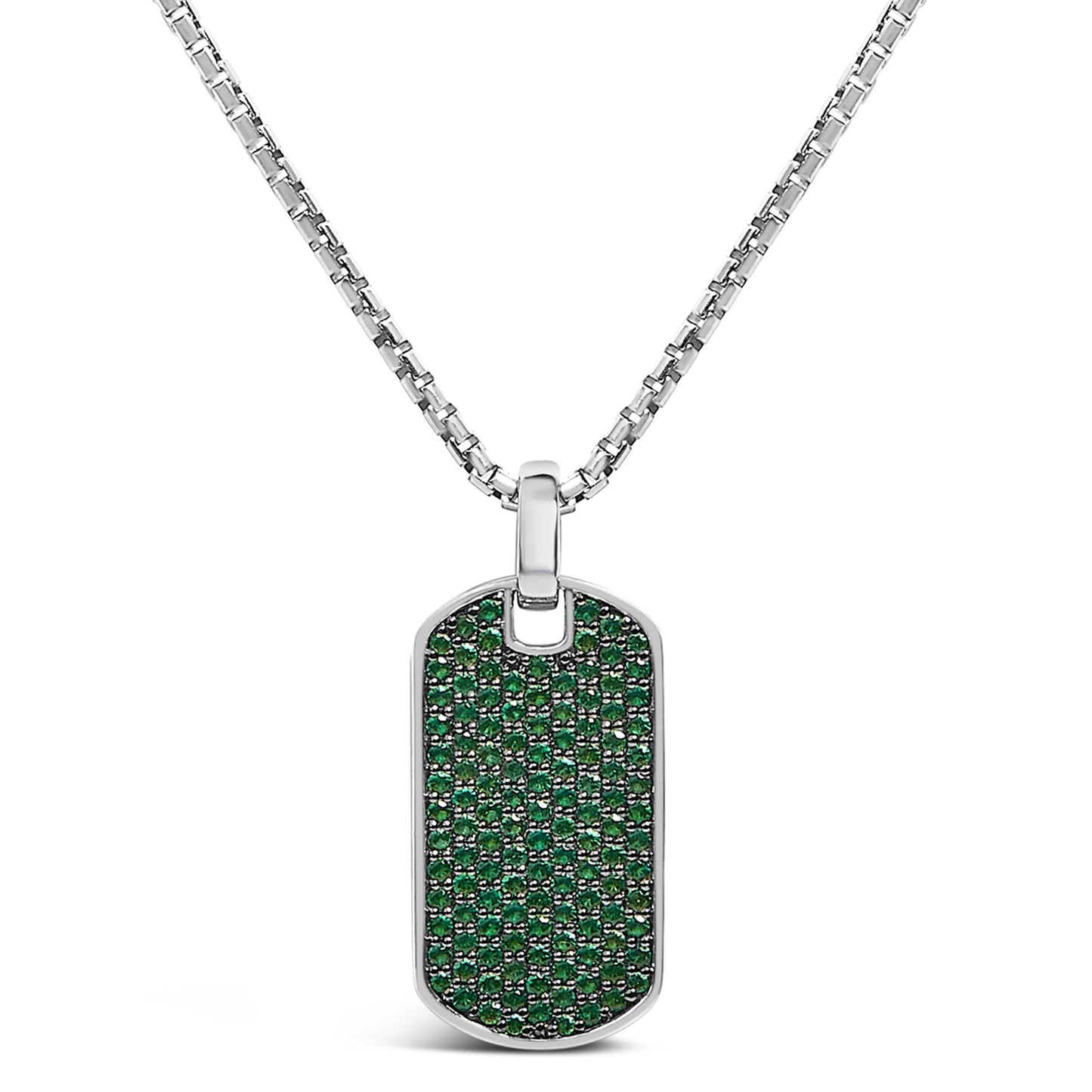 Front-facing view of a white necklace with a rectangular pendant featuring multiple round green gemstones in a shared prong setting.