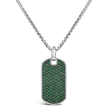 Front-facing view of a white necklace with a rectangular pendant featuring multiple round green gemstones in a shared prong setting.