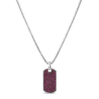 Front view of a white necklace with a rectangular pendant featuring multiple round red gemstones in a shared prong setting.