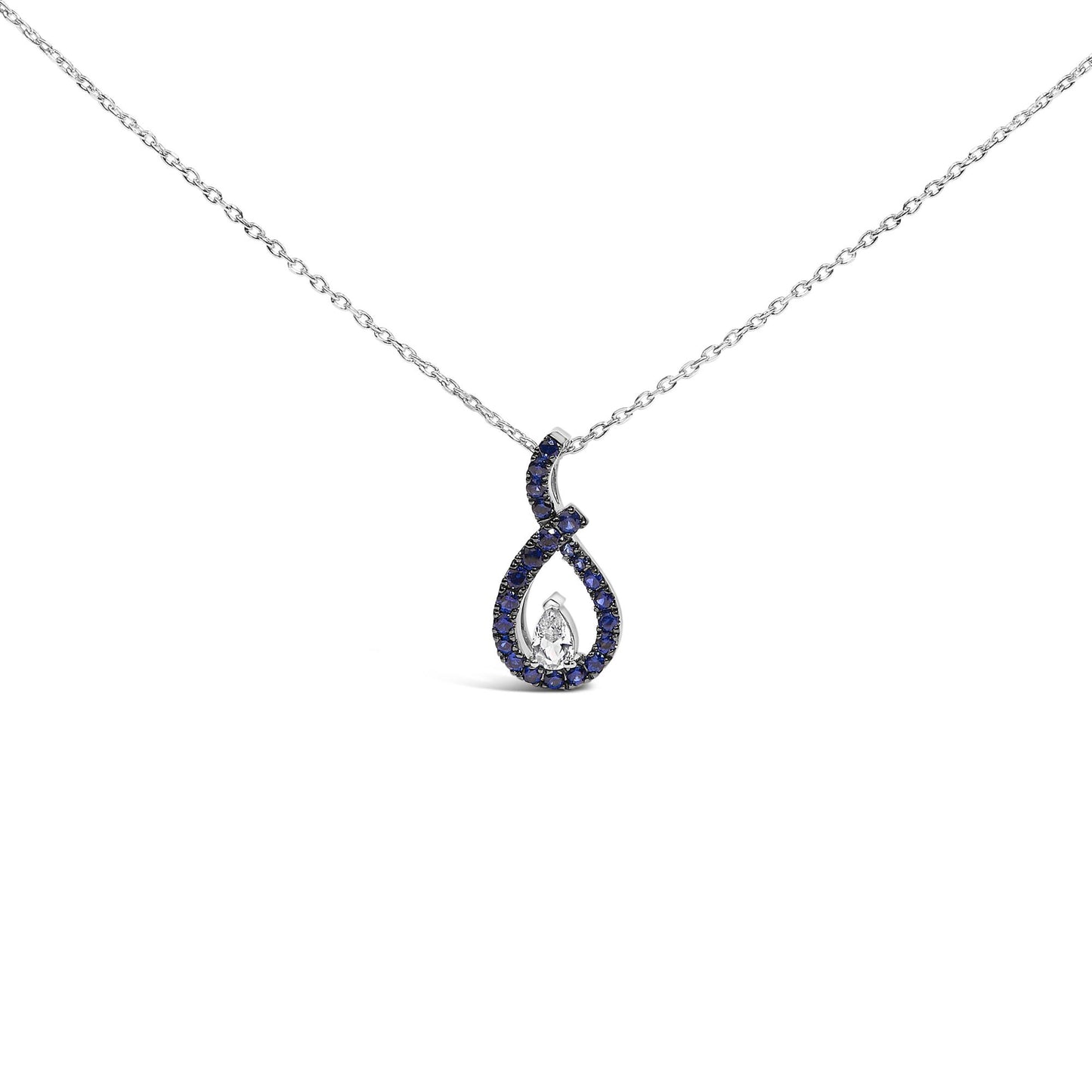 Close-up front view of a white metal necklace with a pendant featuring a pear-shaped white gemstone in the center, surrounded by an open teardrop shape set with round blue gemstones. The necklace is displayed against a plain white background.