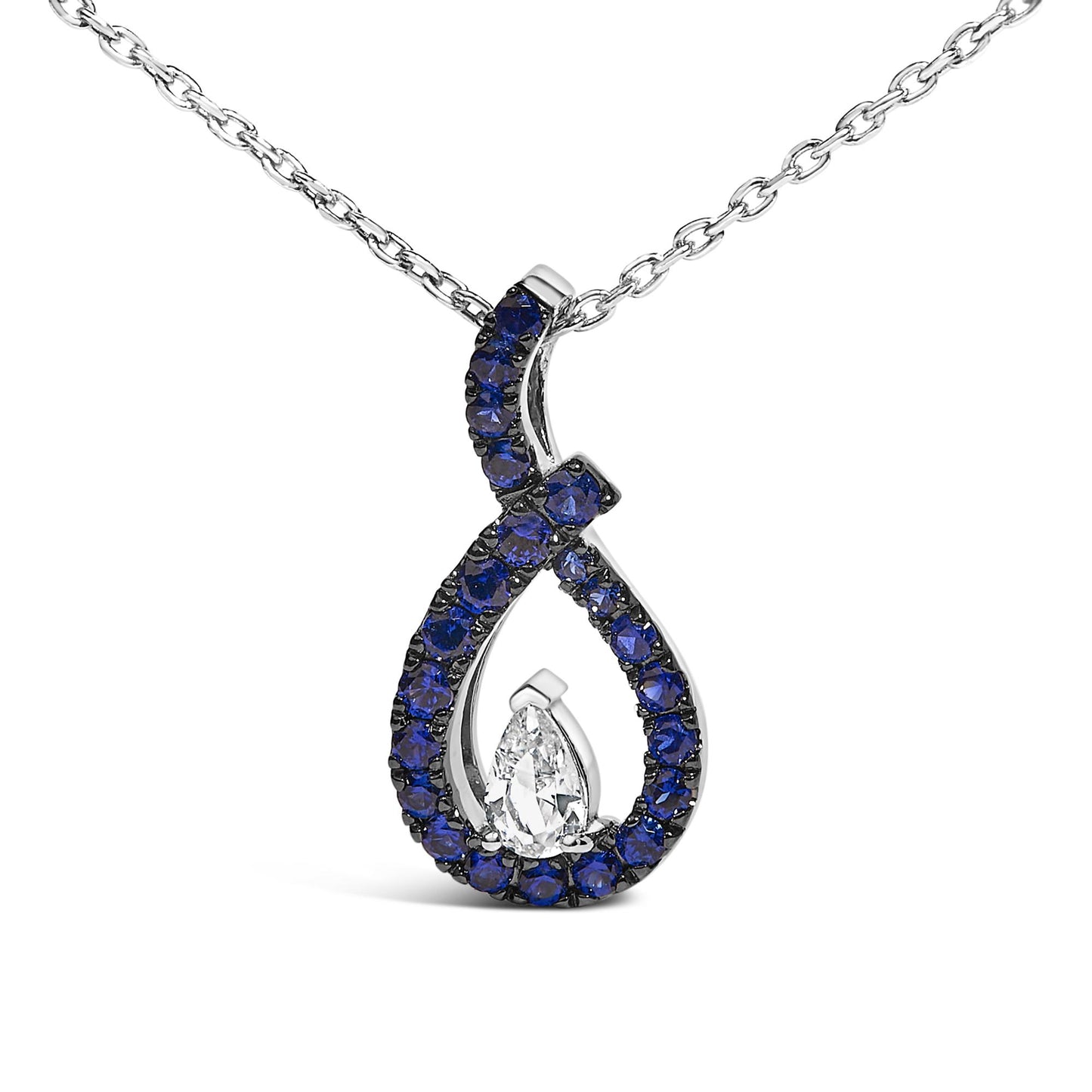 Close-up front view of a white metal necklace pendant with an open teardrop shape, featuring a pear-shaped white gemstone at the center surrounded by round blue gemstones in a prong setting.