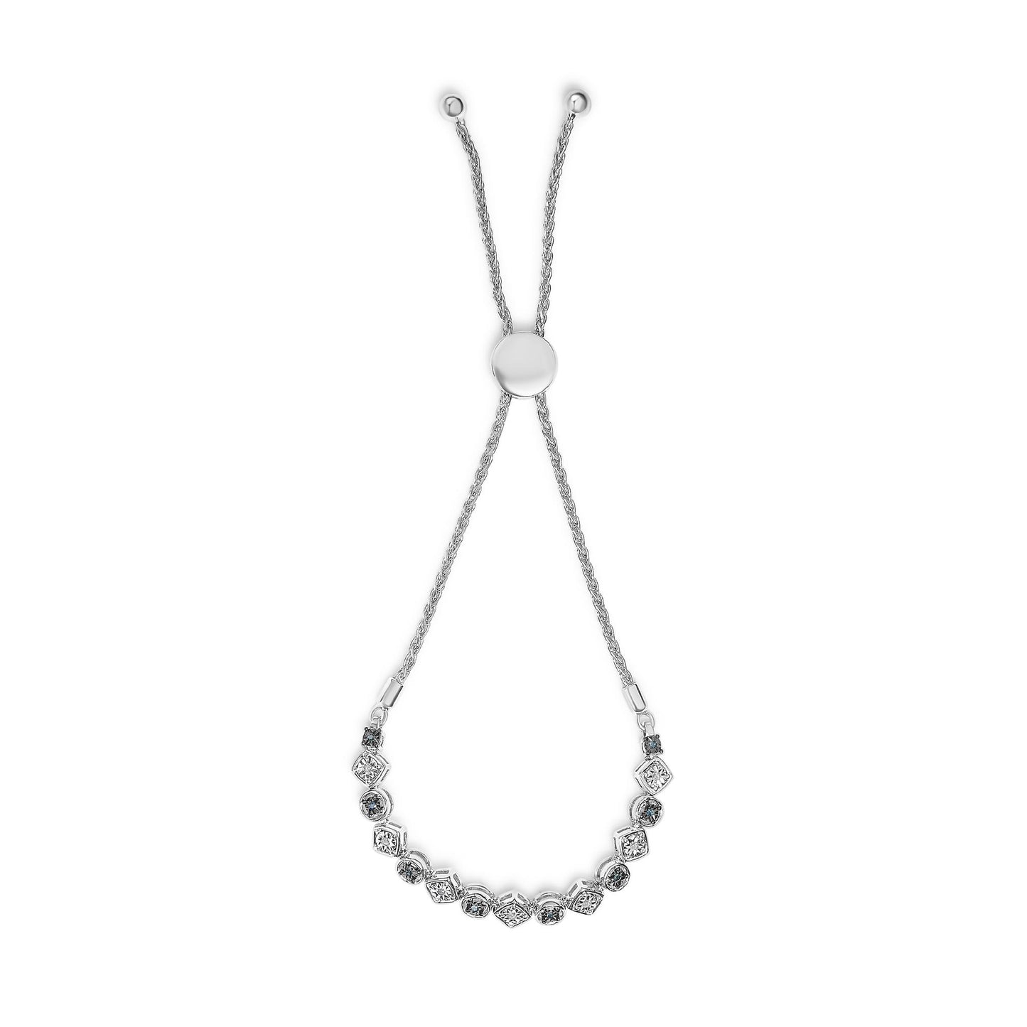 White metal bracelet with alternating white and blue round gemstones in two shapes, shown from above with adjustable sliding chain ends.