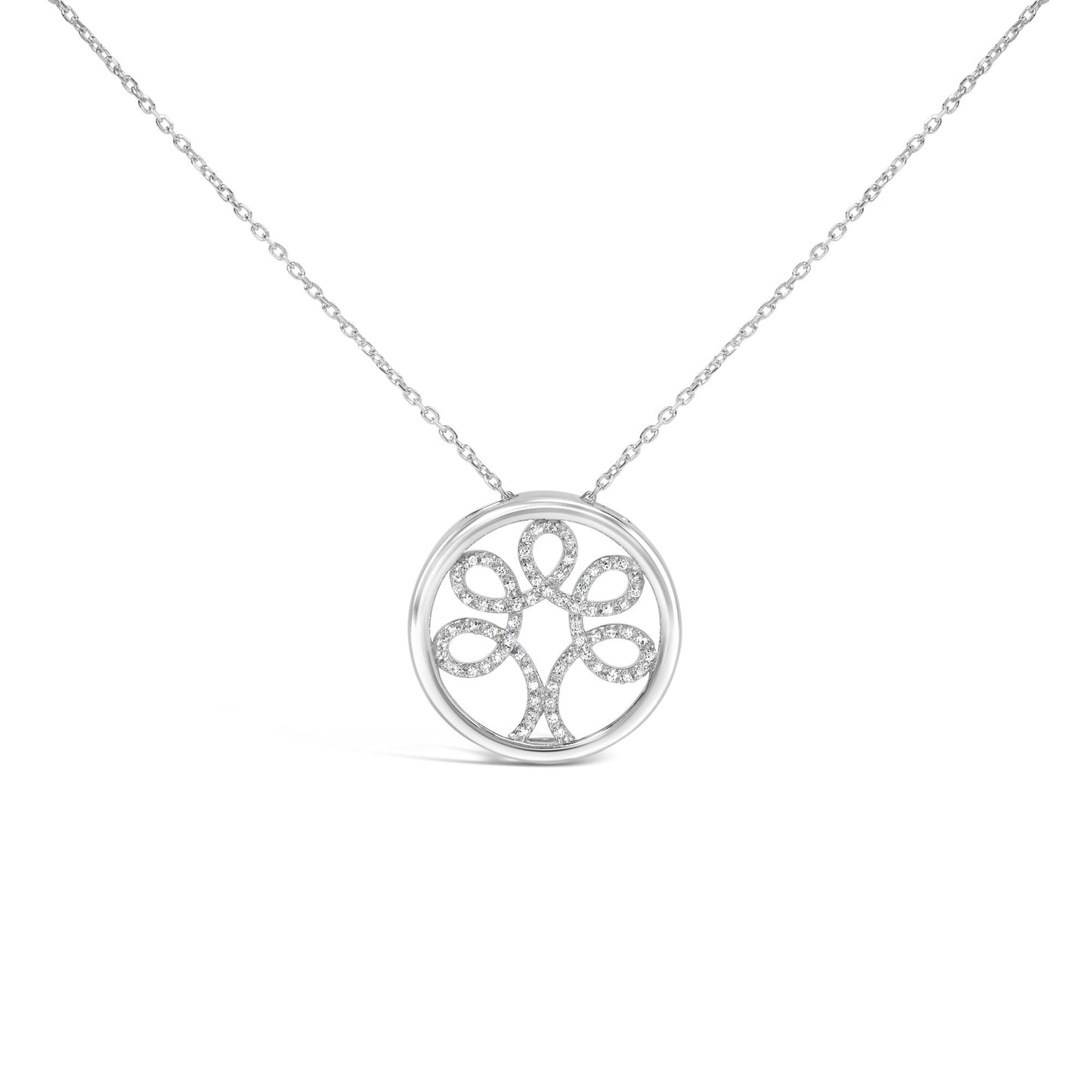 Front view of a white metal necklace with a circular pendant featuring a floral-inspired design accented with round white gemstones in 4-prong settings.