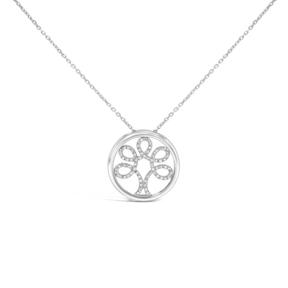 Front view of a white metal necklace with a circular pendant featuring a floral-inspired design accented with round white gemstones in 4-prong settings.