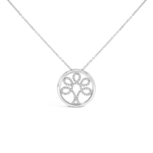 Front view of a white metal necklace with a circular pendant featuring a floral-inspired design accented with round white gemstones in 4-prong settings.