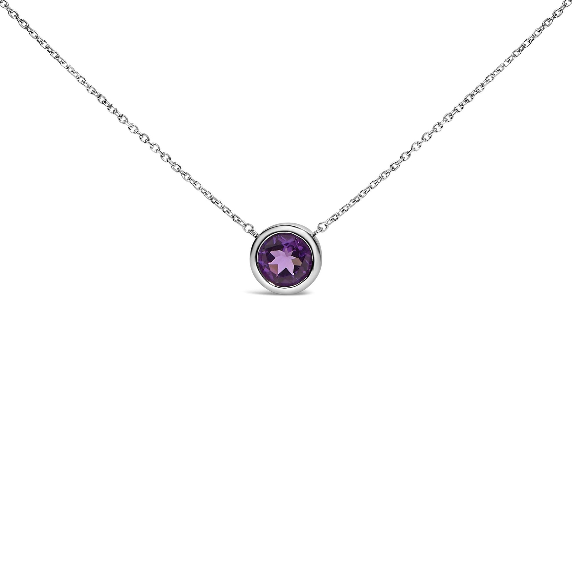 White necklace with a round purple gemstone set in a bezel, shown from a front angle on a white background.