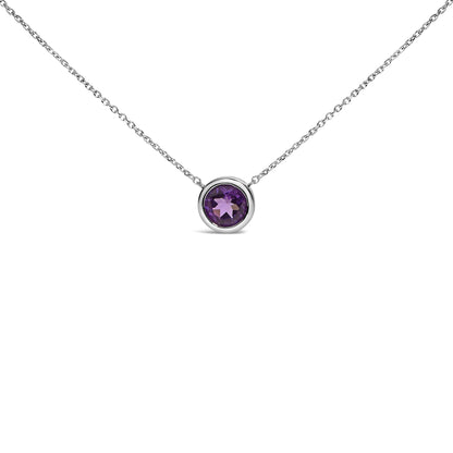 White necklace with a round purple gemstone set in a bezel, shown from a front angle on a white background.