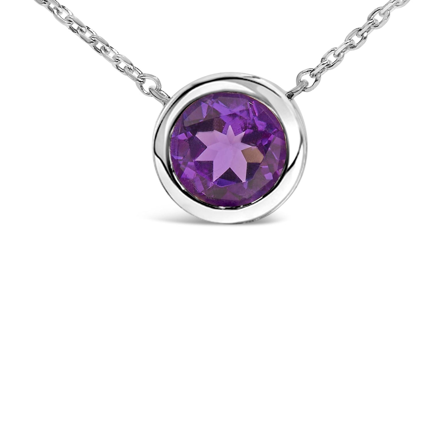 Close-up front angle of a white metal necklace with a round purple gemstone in a bezel setting.