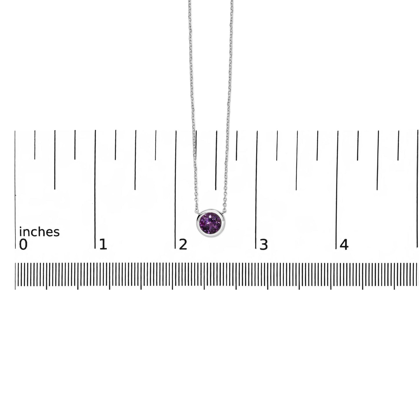 White necklace with a round purple gemstone in a bezel setting, shown front-facing on a scale.